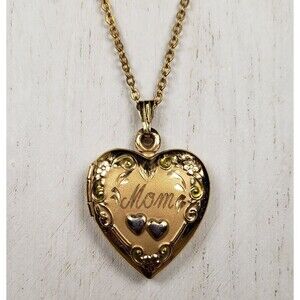 Vintage 1950s Yellow Gold Filled Heart Mom Locket with Two Hearts and 18" Chain